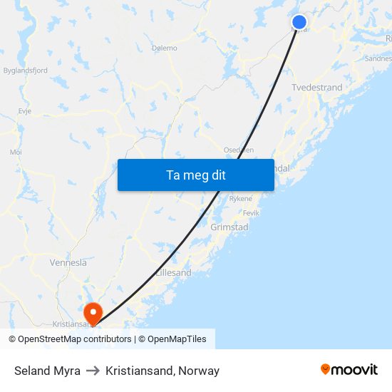 Seland Myra to Kristiansand, Norway map