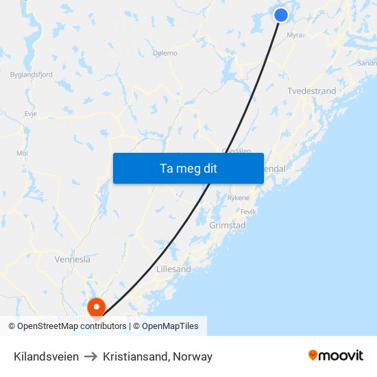 Kilandsveien to Kristiansand, Norway map