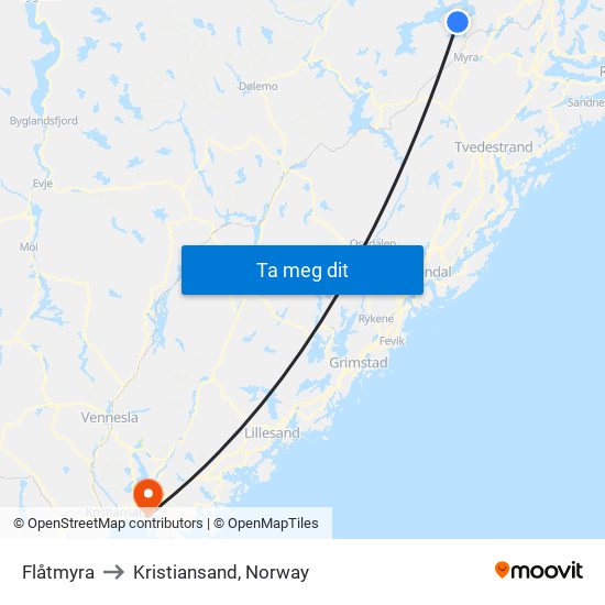 Flåtmyra to Kristiansand, Norway map