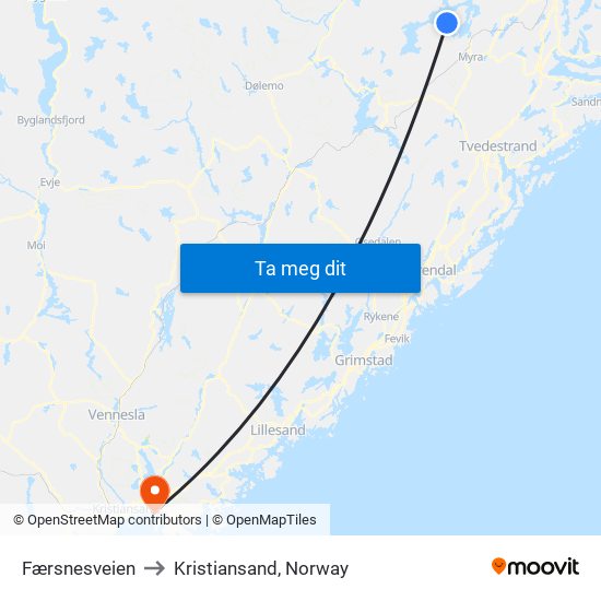 Færsnesveien to Kristiansand, Norway map