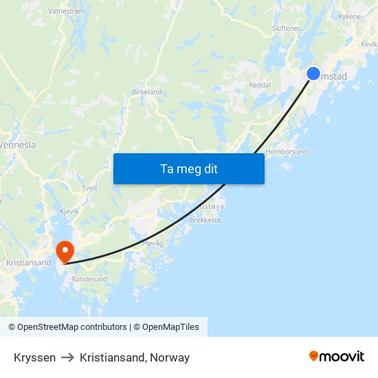 Kryssen to Kristiansand, Norway map