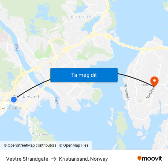 Vestre Strandgate to Kristiansand, Norway map