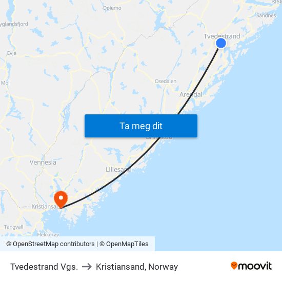 Tvedestrand Vgs. to Kristiansand, Norway map