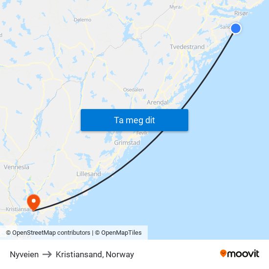 Nyveien to Kristiansand, Norway map