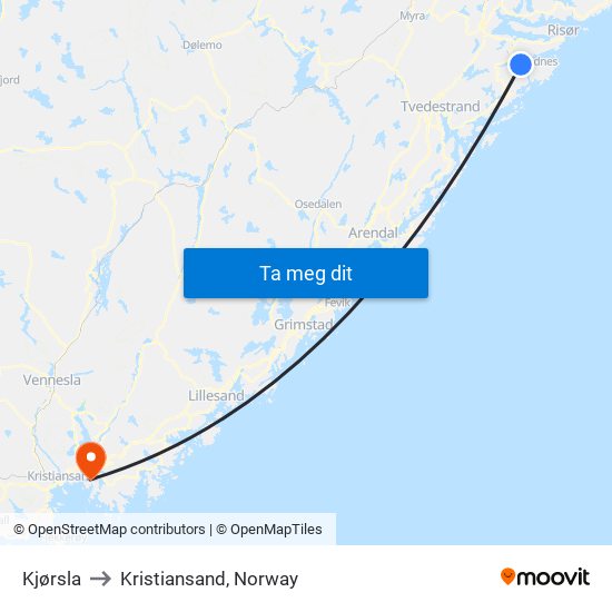 Kjørsla to Kristiansand, Norway map