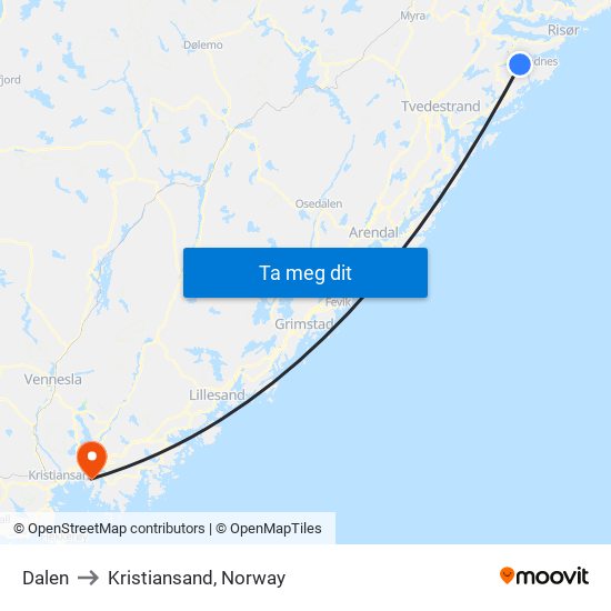 Dalen to Kristiansand, Norway map