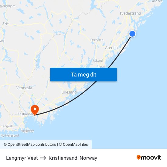 Langmyr Vest to Kristiansand, Norway map