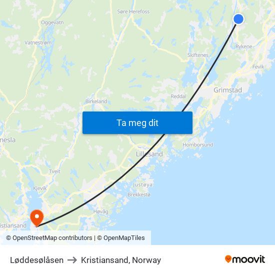 Løddesølåsen to Kristiansand, Norway map