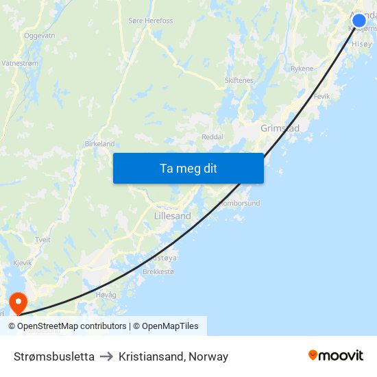 Strømsbusletta to Kristiansand, Norway map