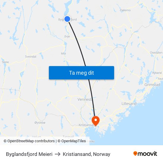 Byglandsfjord Meieri to Kristiansand, Norway map