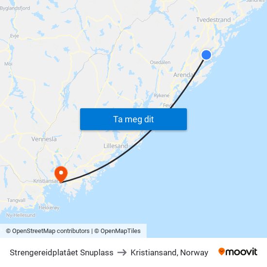 Strengereidplatået Snuplass to Kristiansand, Norway map