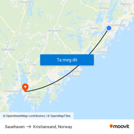 Sauehaven to Kristiansand, Norway map