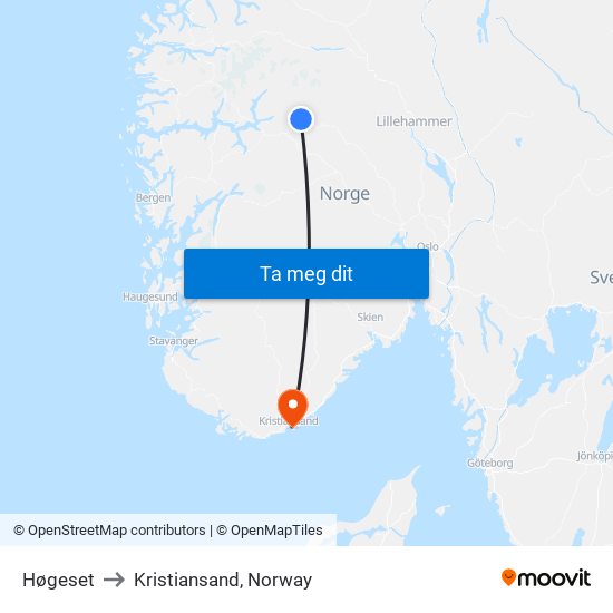 Høgeset to Kristiansand, Norway map