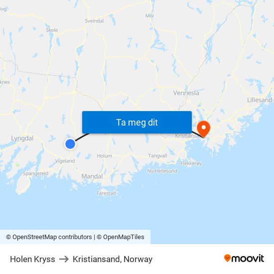 Holen Kryss to Kristiansand, Norway map