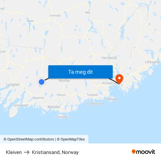 Kleiven to Kristiansand, Norway map