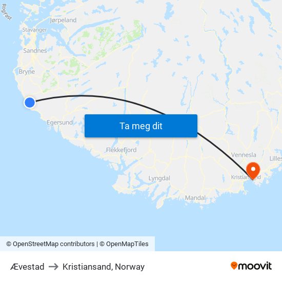 Ævestad to Kristiansand, Norway map