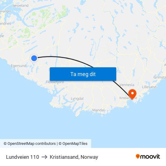 Lundveien 110 to Kristiansand, Norway map