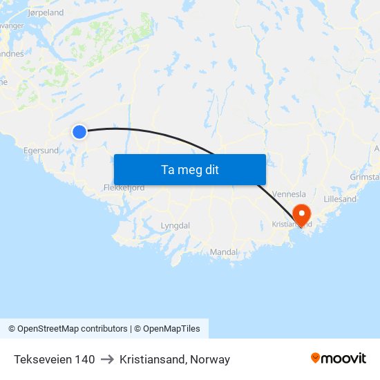 Tekseveien 140 to Kristiansand, Norway map