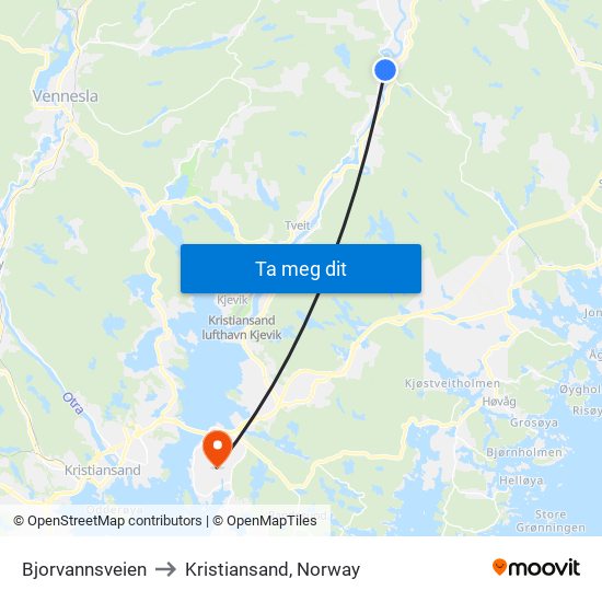 Bjorvannsveien to Kristiansand, Norway map