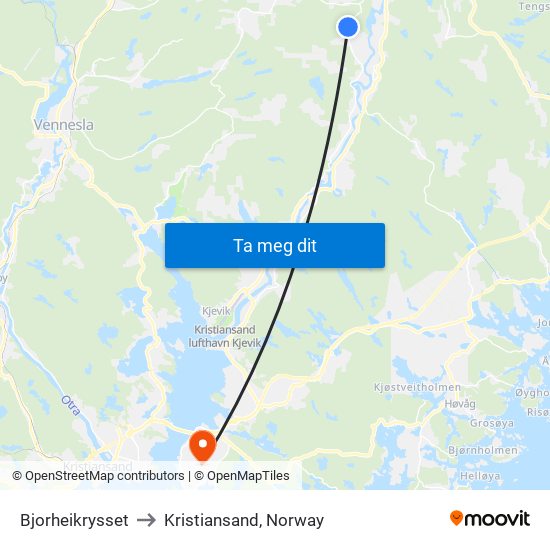 Bjorheikrysset to Kristiansand, Norway map
