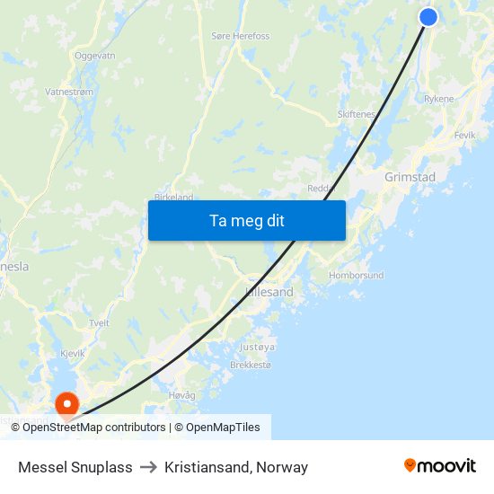 Messel Snuplass to Kristiansand, Norway map