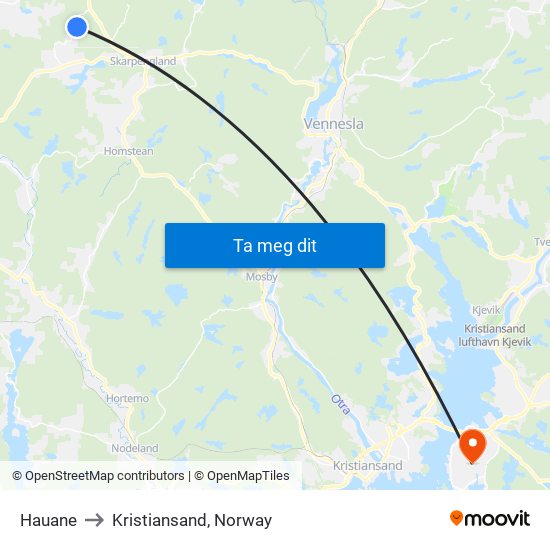 Hauane to Kristiansand, Norway map