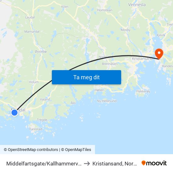 Middelfartsgate/Kallhammerveien to Kristiansand, Norway map