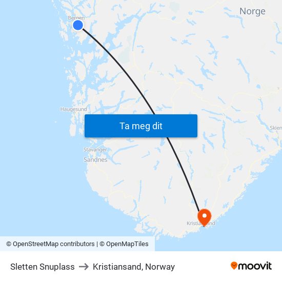 Sletten Snuplass to Kristiansand, Norway map