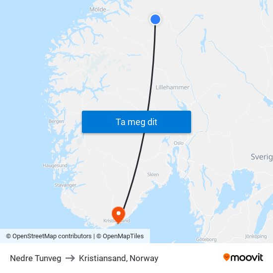 Nedre Tunveg to Kristiansand, Norway map