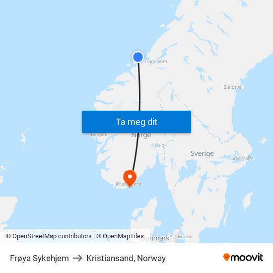 Frøya Sykehjem to Kristiansand, Norway map