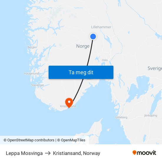 Leppa Mosvinga to Kristiansand, Norway map