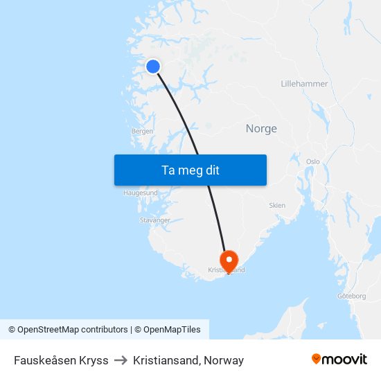 Fauskeåsen Kryss to Kristiansand, Norway map