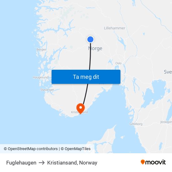 Fuglehaugen to Kristiansand, Norway map