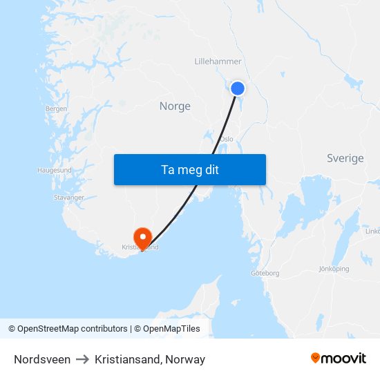 Nordsveen to Kristiansand, Norway map
