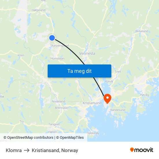 Klomra to Kristiansand, Norway map