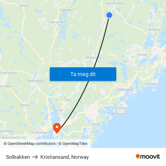 Solbakken to Kristiansand, Norway map