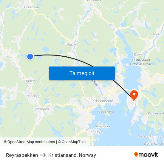 Røyråsbekken to Kristiansand, Norway map