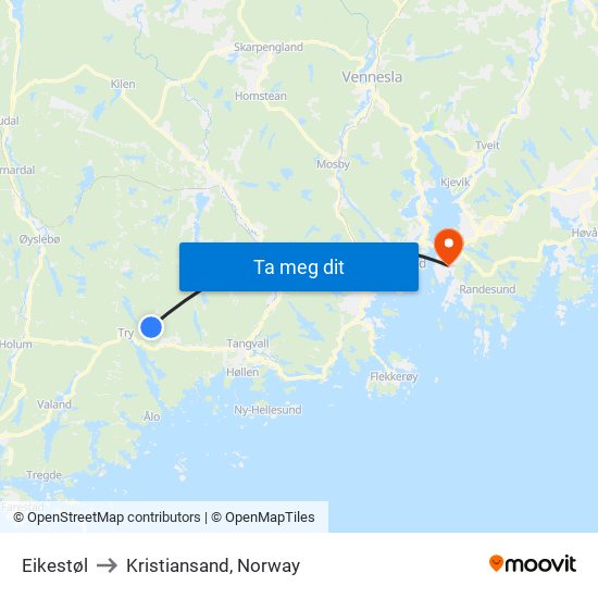 Eikestøl to Kristiansand, Norway map