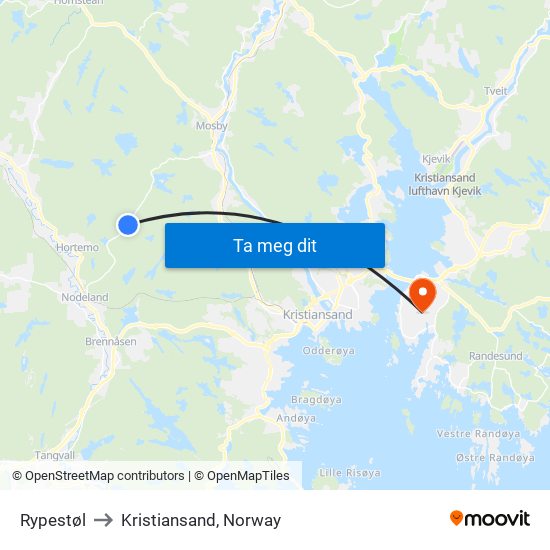 Rypestøl to Kristiansand, Norway map