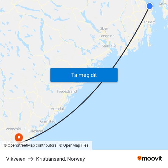 Vikveien to Kristiansand, Norway map