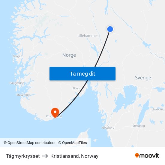 Tågmyrkrysset to Kristiansand, Norway map
