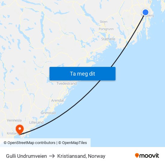 Gulli Undrumveien to Kristiansand, Norway map