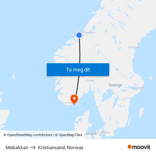 Mebakkan to Kristiansand, Norway map