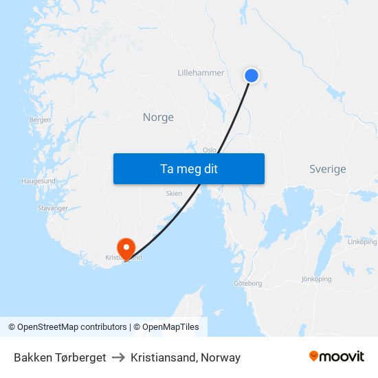 Bakken Tørberget to Kristiansand, Norway map