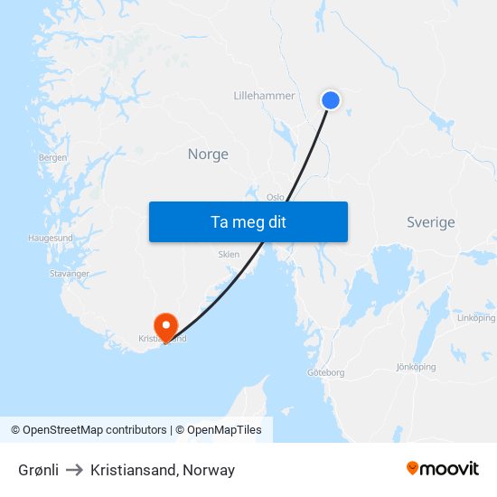 Grønli to Kristiansand, Norway map
