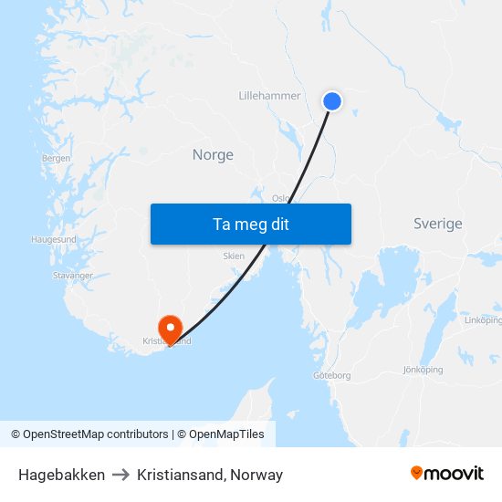 Hagebakken to Kristiansand, Norway map