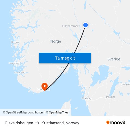 Gjevaldshaugen to Kristiansand, Norway map