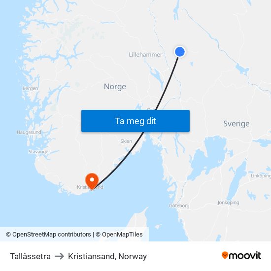 Tallåssetra to Kristiansand, Norway map