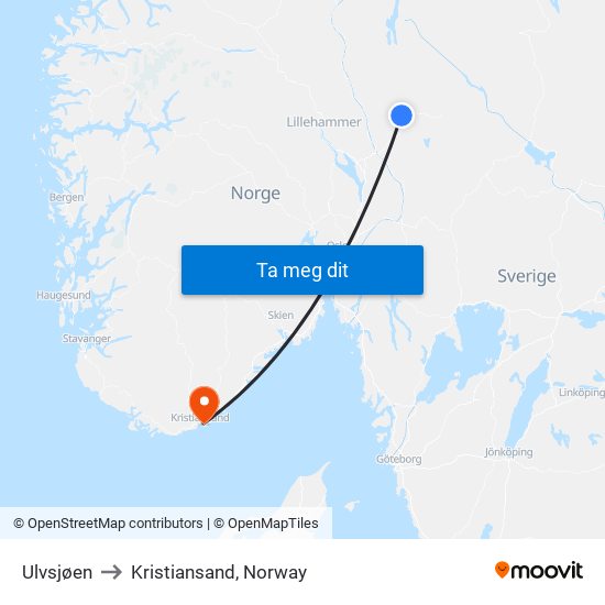 Ulvsjøen to Kristiansand, Norway map