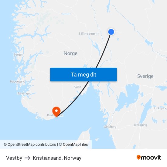 Vestby to Kristiansand, Norway map